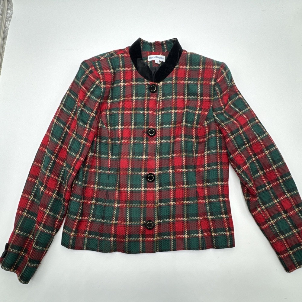 VTG David Brooks Classic women Blazer jacket Size 10 Red Greed Black Plaid USA